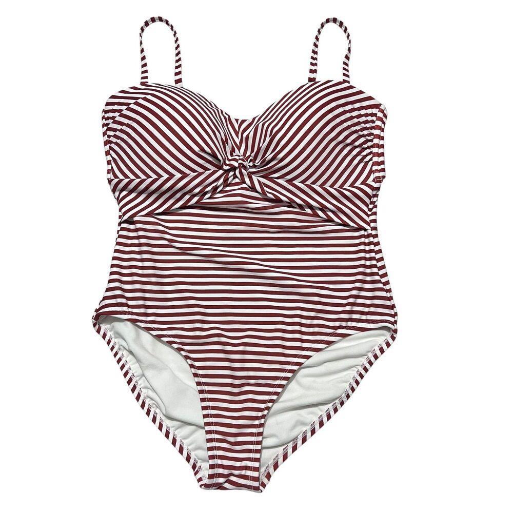 Kona Sol One‎ Piece Swimsuit Large Red White Stripe Built in Bra Twist Front